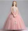 Girl039s robes de luxe en dentelle rose filles broderie de mariage appliques enfants