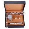 Polshorloges luxe polshorloge man kijken cadeau set met hoogwaardige doos rozenkrans armband manchetknopen pen kwarts heren horloges voor mannen