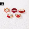 Härlig rött grishjärta Joint Ring Set Dripping Oil Shell Shiny Crystal Stone Alloy Metal Jewelry Anillo 5st/Set
