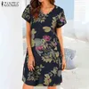 2022 Été Bohème Genou Robe Femmes Vintage Coton Lin Robes ZANZEA Plage Mode Décontracté Imprimé Floral Robe D'été G220510