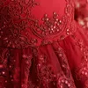 Red Girls Lace Party Dress Long Sleeve Flower Elegant Wedding Evening Gown Backless Bow Tulle Princess Pageant Formal Dress G220428