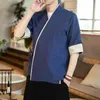 2022 Style Chinois Rétro Bandage Chemises Hommes Hanfu Coton Lin Demi Manches Chemise Patchwork Tops Mâle Vintage À Lacets Cardigan L220706