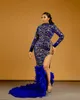 2022 Plus Size Arabic Aso Ebi Royal Blue Mermaid Prom Dresses Lace Pärled Feather Evening Formal Party Second Reception Birthday Engagement Gowns Dress ZJ211