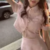 Runway Korean Summer Tweed Women's Single-Breasted Pink Crop Top Jacket Coat High Waist Skirt Two Piece Set Suits Femme T220729