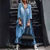 Vintage Boho Style Streetwear femmes dentelle col en V 3/4 manches grand ourlet gland ample loisirs Maxi robe en jean L220705