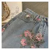 Streetwear Vintage Flowers Print Long Denim Skirts Summer High Waist Slim Sexy Open Split Straight Skirt Jeans Saias Female 220322