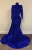 2022 Sexig Bling Royal Blue Prom Dresses High Neck Keyhole Velvet Glittering Sequined Lace Sequins Overkirts Zipper Back Party Dress Evening Gowns