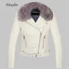 Fitaylor Women Winter Warm Faux Leather Jacket with Fur Collar女性ピンクPUモーターサイクルジャケットバイカーパンクブラックアウター210908