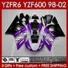 Body Kit för Yamaha YZF R6 R 6 98-02 YZFR6 98 99 00 01 02 BOODYWORK 145NO.100 YZF 600 CC YZF-600 Frame YZF-R6 YZF600 600CC 1998 1999 2000 2001 2002 ABS FAIRINGS PURPLE VIT BLK