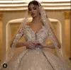 Luxury Sparkly Gold Sequined V neck Wedding Dresses Bridal Gowns Arabic Dubai Sleeveless Pleats Vintage Cathedral Train Bride Gown Plus Size