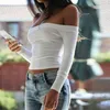 Women Long Sleeve Crop Tops Sexy Basic Solid Black White Lady Casual Tshirt Off Shoulder T Shirts Summer Autumn 220328