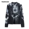 Tropicon 고스 메쉬 탑 여성 트렌드 패션 그래픽 t 셔츠 긴 소매 터틀넥 티셔츠를 통해 볼 유럽 의류 220527