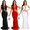 Casual Dresses Sparkle Rhinestones Women Long Maxi Dress Sleeveless Sheer Mesh Patchwork Sexig Backless Hollow Out Gowns Evening Party Dressc