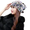 Kış kürk şapka eşarp kadın gerçek rex tavşan kürk kapağı tilki pompom yüksek elastik
