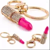 سلاسل المفاتيح Women Jewelry Charm Crystal Keychain Shipstick حامل مفتاح Rhinestone Keyring Red Rose Bendant Rings Fred22