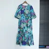 Vestido de fiesta con estampado azul para mujer, cuello redondo, manga corta, señora nueva, moda Sexy, temperamento, verano 2022