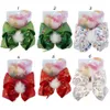 8 Inch Christmas Grils Barrettes Snowflake Print Hair Bows for Girls Pompom Fur Ball clip Kids Xmas Party Accessories