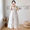 Kurzarm Oneck Mutterschaft Sommer Gesticktes Kleid Fashion Floral Chiffon Kleid Hohe Taille Schwangere Frau Party Kleid J220628