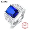 Vintage 925 Silver Men's Rings Royal Sapphire Gemstone Jewelry Accessories Open Adjustable Carved Ring Wedding Party Gift