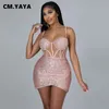 CM.YAYA Women Mini Dress Sequins Mesh See-through Strap Bodycon Dresses Sexy Night Club Party Vestidos Fashion Clothing Summer 220516