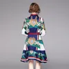 Casual Dresses High-End Vintage Cocktail Floral Print Long Sleeves Ruffled Swing Dress Sashes Turn-Down Collar Sleeve257G