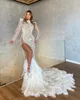 2022 Plus Size Arabic Aso Ebi Luxurious Mermaid Pearls Wedding Dress Long Sleeves Feather Bridal Gowns Dresses ZJ205