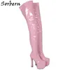 Sorbern Yellow Patent Crotch Thigh High Boots Women Block High Heels Custom Wide Calf Long Boot Platform Chunky Heel Shoes