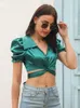 Blouses Femmes Chemises Plaine Manches Bouffantes Torsion Avant Cravate Dos Crop Blouse Top Femmes Sexy Col V Profond Ourlet Serré Hauts Courts Été Casual Sa