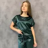 Hecheche Green Brown Women Sleepwear 2 Piece Set Round Neck Kortärmad Top Solid Loose Pants Satin Home Wear Casual Sus Sets 220421