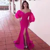 Simple Hot Pink Off the Shoulder Backless Satin Mermaid Prom Dresses Puffy Sleeves High Slit Party Evening Gowns Long