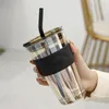 450mlコーヒーガラスカップの耐熱コーヒーマグワイングラス携帯用密封ウォーターボタンとストローミルクティー旅行カップギフト220423