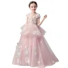 Luxueuse robe de fille de fleur longue traîne avec noeud perle fleurs 3D appliques robe de bal robe de concours princesse sainte première communion p212H