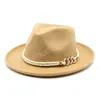 Mode Hommes Western Cowboy Chapeau Avec Chaîne En Métal Automne Hiver Femmes À Large Bord Gentleman Jazz Cap Cowgirl Sombreros De Mujer Felt Fedora Hat