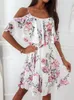 Sexy off schouder bloemen chiffon mini dames jurk zomer korte mouw casual witte ruches jurken voor vrouwen gewaad femme 220517