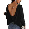 Women's Blouses & Shirts Cross Straps Back Pearl V Neck Sexy Pleated Women Tshirts 2022 Spring Elegant Long Sleeve Solid Casual Lady Top