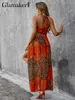 Glamaker Orange Leopard Print Print Balter без спины праздничные пляжные платья сексуальные рукавочные шнурки High Split Maxi Dres vestidos 220509