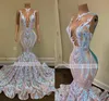 Sparkly Witte Pailletten Lange Prom Jurken Voor Zwart Meisje Sexy Sheer O Hals Zeemeermin Afrikaanse Vrouwen Gala Avondfeest Jurken Gewaden