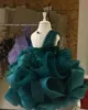Koyu yeşil lüks çiçek kız elbise balo elbisesi şeffaf boyun katmanları tüy lilttle çocuklar doğum günü pageant düğün önlük