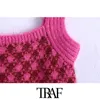 TRAF femmes doux mode carreaux tricot débardeurs Vintage col droit larges bretelles femme Camis Mujer 220325