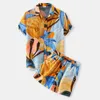 Conjuntos de estampados de vapor de verano para hombres Camisas de manga corta Camiseta de dos piezas Juego de ropa casual Bloque de color Floral Beach Suits's