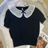 black short sleeved sweater hollowed out flower hook doll collar top slim fitting thin bottomed shirt spring summer