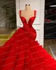 Red Luxury Puffy Red Mermaid Evening Dresses With Straps Ruffles Pleated Flouncing Ball Gown Trumpet Women Prom Pageant Dress 0512