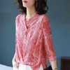 5XL Women Spring Summer Style Chiffon Blouses Shirts Lady Casual Three Quarter Sleeve Printed Red Chiffon Blusas Tops DF3036 210401