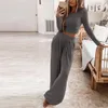 Kvinnor Solid Sticked Casual Home Wear Slim Twopiece Wide Leg Pants Set Ladies Clothes Suit 220727