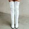 Rontic Handmade Mulheres Inverno Botas de Coxa Lace Up Bloco Redondo Toe Toe Belo Branco Sapatos Casuais US tamanho 5-20