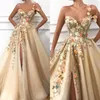 2022 Sexy Split Flowers One Shoulder A line Tulle Prom Dresses Backless Evening Gowns BC0684