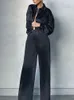女性のソリッドサテンパンツスーツメスルーズシャツのトップスとストレートパンツ2ピースセット2022夏のオフィスレディファッション衣装T220729