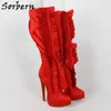 Sorbern Custom Red Szerokie Buty łydkowe Kobiety Heel Heel Siate Toe Platforma Kolana Wysoka Lady Boot Satin Plised Zip Up Model Buty