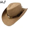 Homem de couro de 100% Chapéu de cowboy ocidental Gentleman Dad Fedora Church Sombrero Hombre Jazz Cap Big Size XXL Drop 220813
