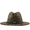 Boncuklu Dekorasyon Caz Şapkası Sonbahar Kış Erkekleri Kadın Yün Yün Geniş Kötü Şapkalar Moda Leopar Top Şapkaları